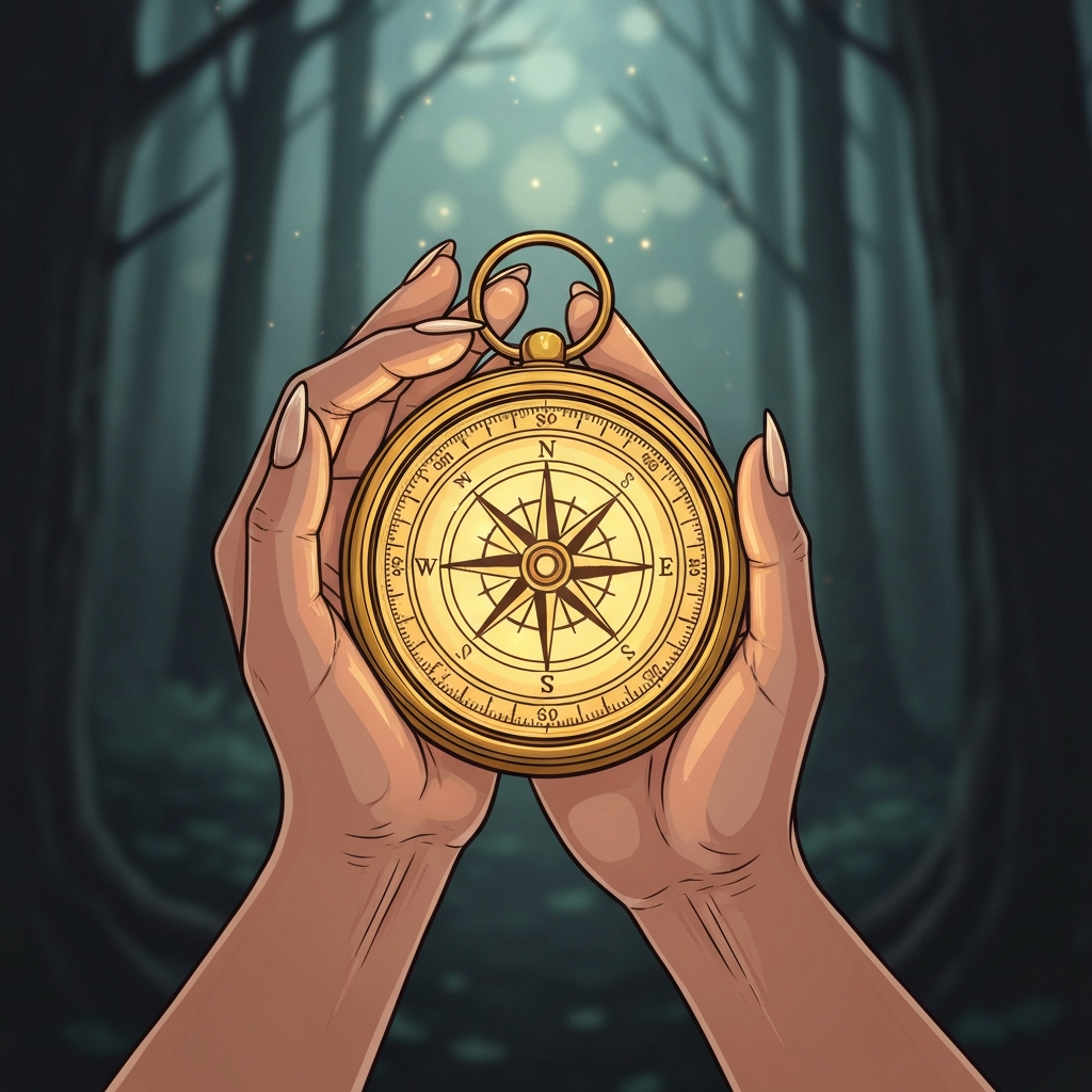 A conceptual, highly detailed photograph of a person's hands gently holding a glowing, intricate golden compass. The background is a dark, moody forest softly blurred out of focus (bokeh). The warm light from the compass illuminates the hands, symbolizing inner guidance, boundary setting, and returning to one's core values.