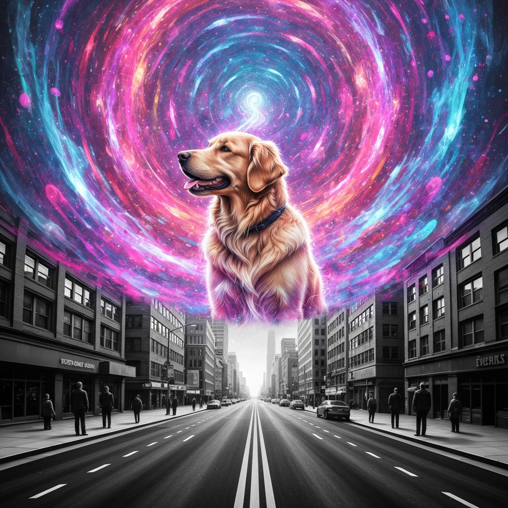 An abstract, artistic representation of a dog's sensory world, featuring vibrant, swirling colors representing scents and sounds, contrasting with a stark, monochromatic human city street. Surrealism, digital art, highly detailed.