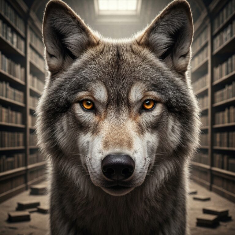A close-up, highly detailed portrait of a wolf with piercing, intelligent eyes looking directly at the viewer, set against a blurred background of a dimly lit, dusty library with towering bookshelves. Cinematic lighting, photorealistic, moody atmosphere.