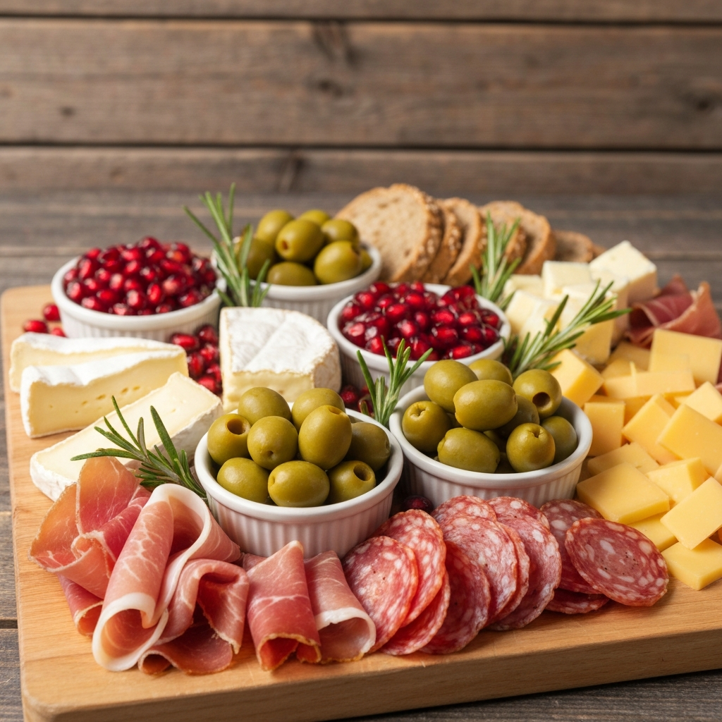 A rustic olive wood grazing board overflowing with an organized assortment of appetizers. Sections of artisan cheeses, neatly fanned out cured meats, small ceramic bowls filled with bright green olives and deep red pomegranate seeds. Sprigs of fresh rosemary are tucked between the items for a festive, abundant look. Warm, inviting lighting, shot at a 45-degree angle.