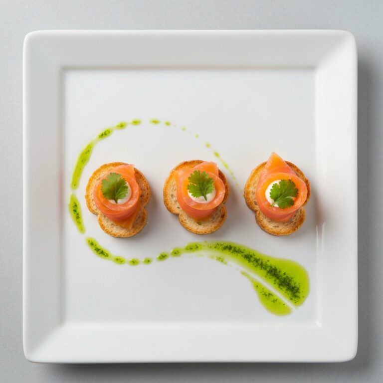 A top-down view of a stark white rectangular porcelain plate featuring three perfectly identical canapés. Each canapé consists of a crisp crostini, a delicate fold of smoked salmon, a tiny dollop of crème fraîche, and a single micro-cilantro leaf. The plate has a vibrant green herb oil swoosh across the negative space. High-end culinary photography, bright natural lighting.