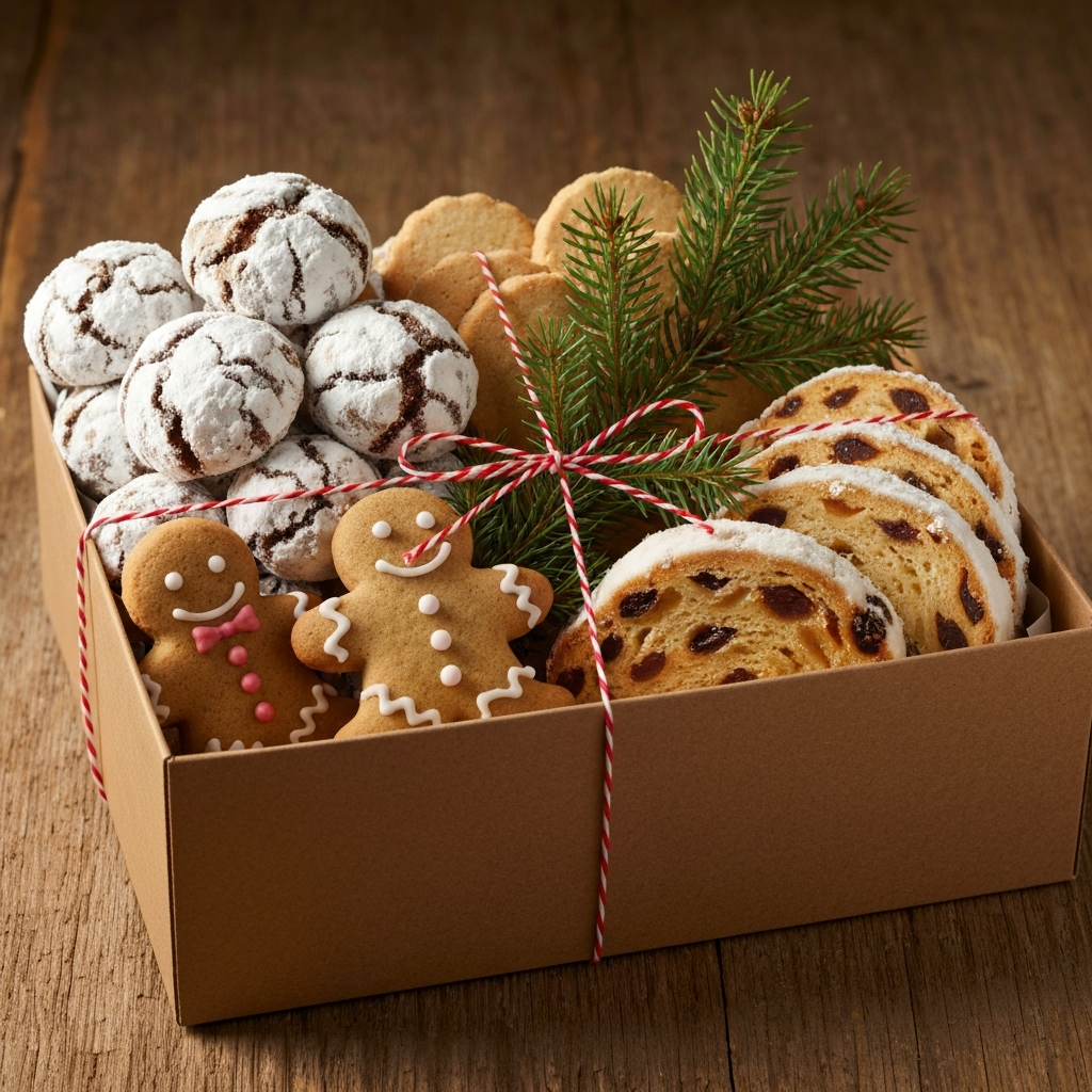 A beautifully arranged Christmas cookie box lined with parchment paper, filled with an assortment of festive bakes including powdered sugar chocolate crinkle cookies, intricately iced gingerbread men, and thick slices of fruit-studded Stollen. The box is tied with red and white baker's twine and a fresh sprig of pine, sitting on a dark marble countertop.