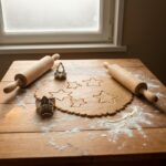 A rustic wooden kitchen table covered in a dusting of white flour, featuring freshly rolled gingerbread dough, vintage metal cookie cutters in star and tree shapes, and a wooden rolling pin. Soft, warm natural light filtering through a frosted window, creating a cozy winter holiday atmosphere.