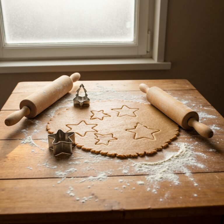 A rustic wooden kitchen table covered in a dusting of white flour, featuring freshly rolled gingerbread dough, vintage metal cookie cutters in star and tree shapes, and a wooden rolling pin. Soft, warm natural light filtering through a frosted window, creating a cozy winter holiday atmosphere.