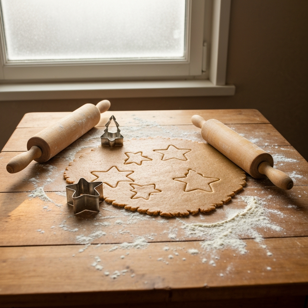 A rustic wooden kitchen table covered in a dusting of white flour, featuring freshly rolled gingerbread dough, vintage metal cookie cutters in star and tree shapes, and a wooden rolling pin. Soft, warm natural light filtering through a frosted window, creating a cozy winter holiday atmosphere.