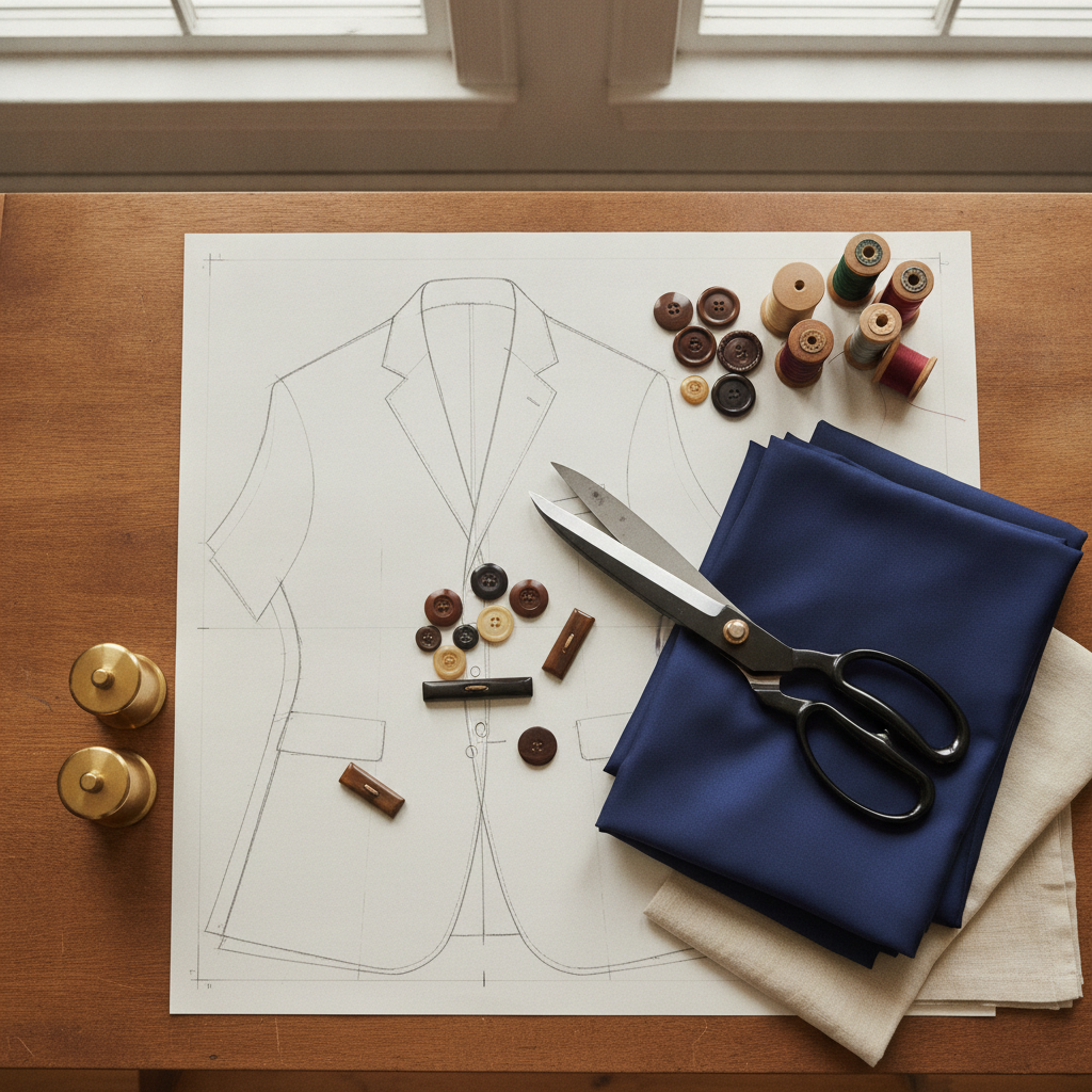 Overhead flatlay of a bespoke sewing workbench featuring shears, horn buttons, silk thread spools, pattern weights, and a drafted paper pattern layout