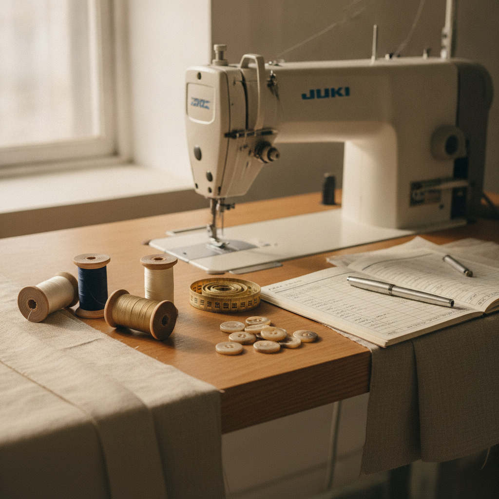 A clean, minimal atelier workbench showing an industrial lockstitch sewing machine in the background, with spools of silk thread, horn buttons, a brass measuring tape coiled next to a garment cost ledger, illuminated by natural morning window light.