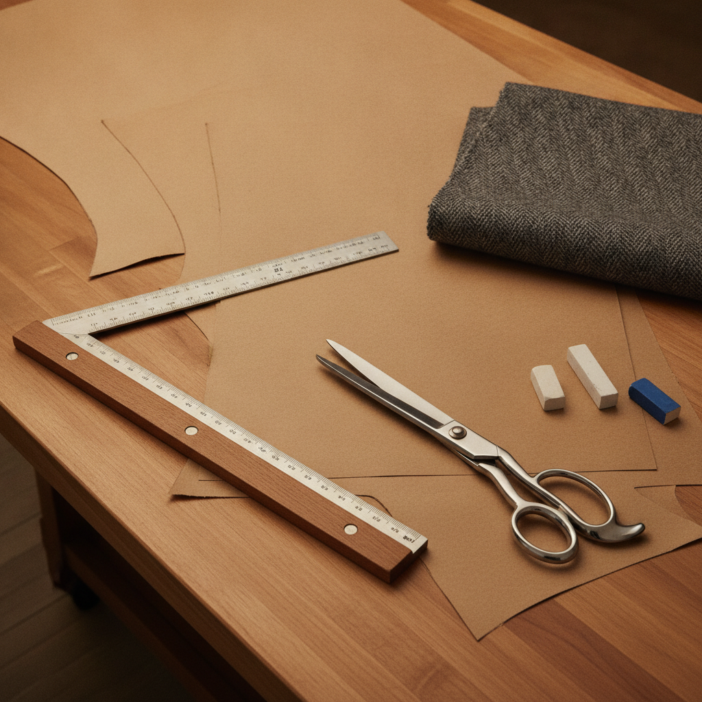 Close-up high-angle shot of a bespoke tailoring cutting table made of polished maple wood, featuring tailored pattern pieces made of heavy brown kraft paper, an L-square ruler, dressmaker shears, tailor's chalk, and a folded swatch of high-end charcoal herringbone wool fabric in soft studio light.