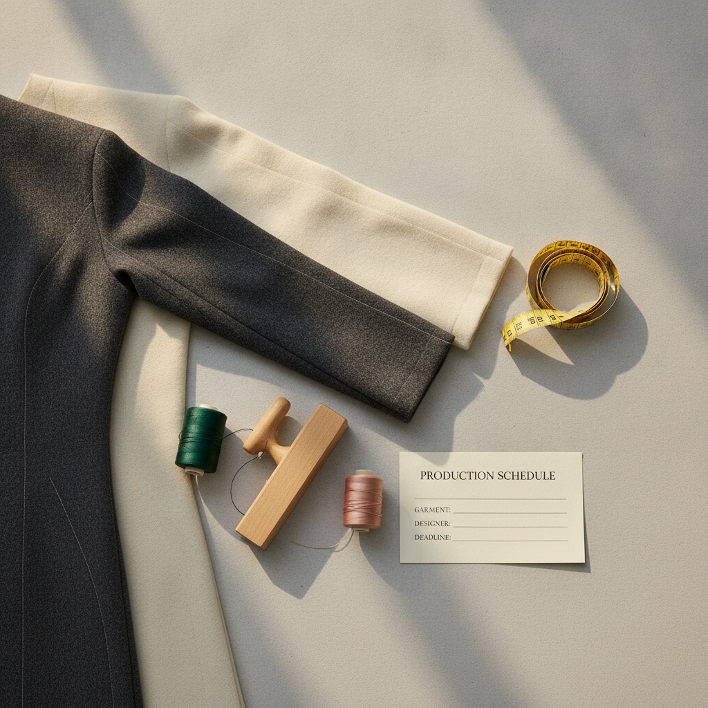 Clean overhead flat-lay of couture garment assembly, showing tailored wool sleeve pieces, wooden tailor's clapper, silk threads, measuring tape, and a paper production schedule card