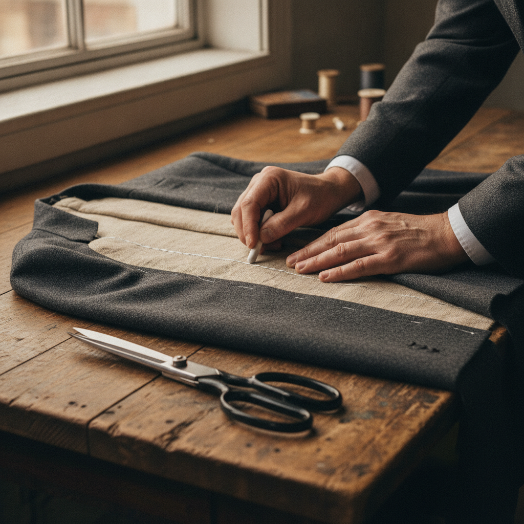 Editorial macro shot of a master tailor marking floating canvas on a bespoke wool suit jacket on an antique wooden worktable, tailoring chalk and shears visible, soft atelier lighting