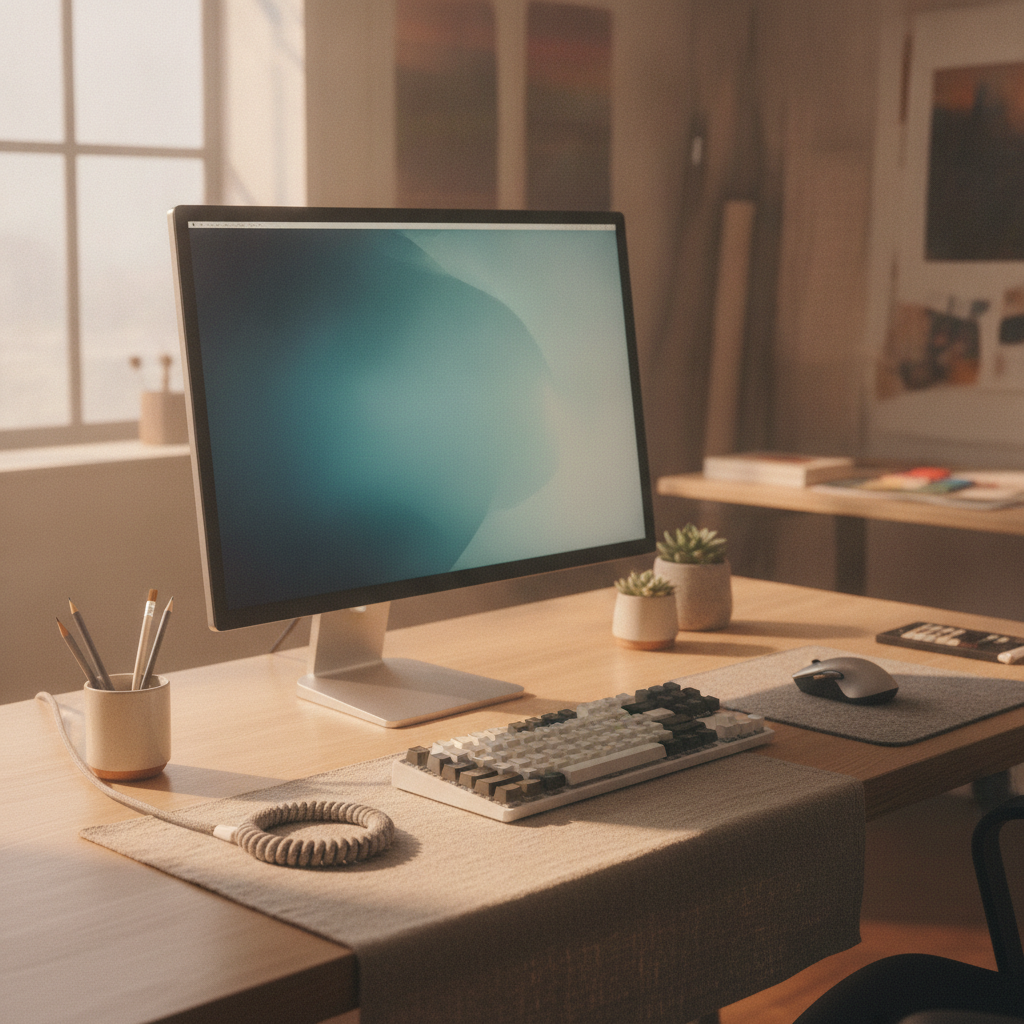 A crisp, cinematic eye-level shot of an ultra-clean creative desk setup with a high-resolution color-calibrated monitor, modern mechanical keyboard, wooden surface, soft diffused studio lighting, digital workflow atmosphere, no visible text or brand trademarks.