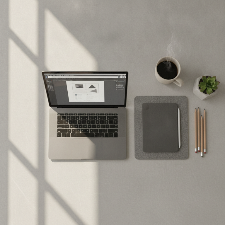 A photorealistic, top-down view of a modern minimalist digital workspace, featuring a sleek laptop displaying clean document layout software, a modern tablet, organized ceramic coffee cup, warm natural morning window light, high-end design aesthetic, no text, no logos.
