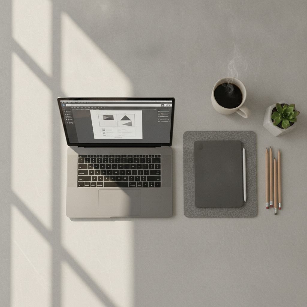 A photorealistic, top-down view of a modern minimalist digital workspace, featuring a sleek laptop displaying clean document layout software, a modern tablet, organized ceramic coffee cup, warm natural morning window light, high-end design aesthetic, no text, no logos.