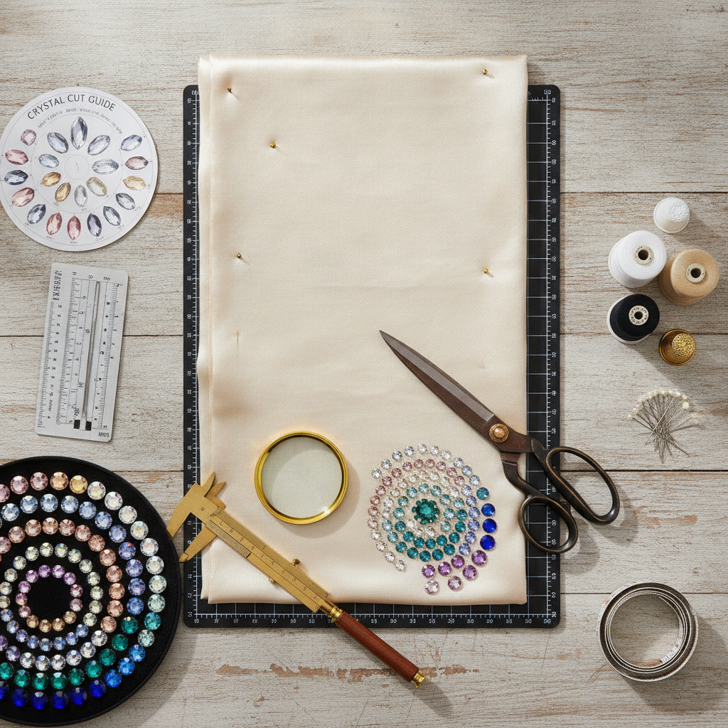 Flatlay photograph of a tailor worktable with crystal stone charts, measuring calipers, sparkling flatback rhinestones arranged by SS size, and high-end silk fabric pinned to a cutting board