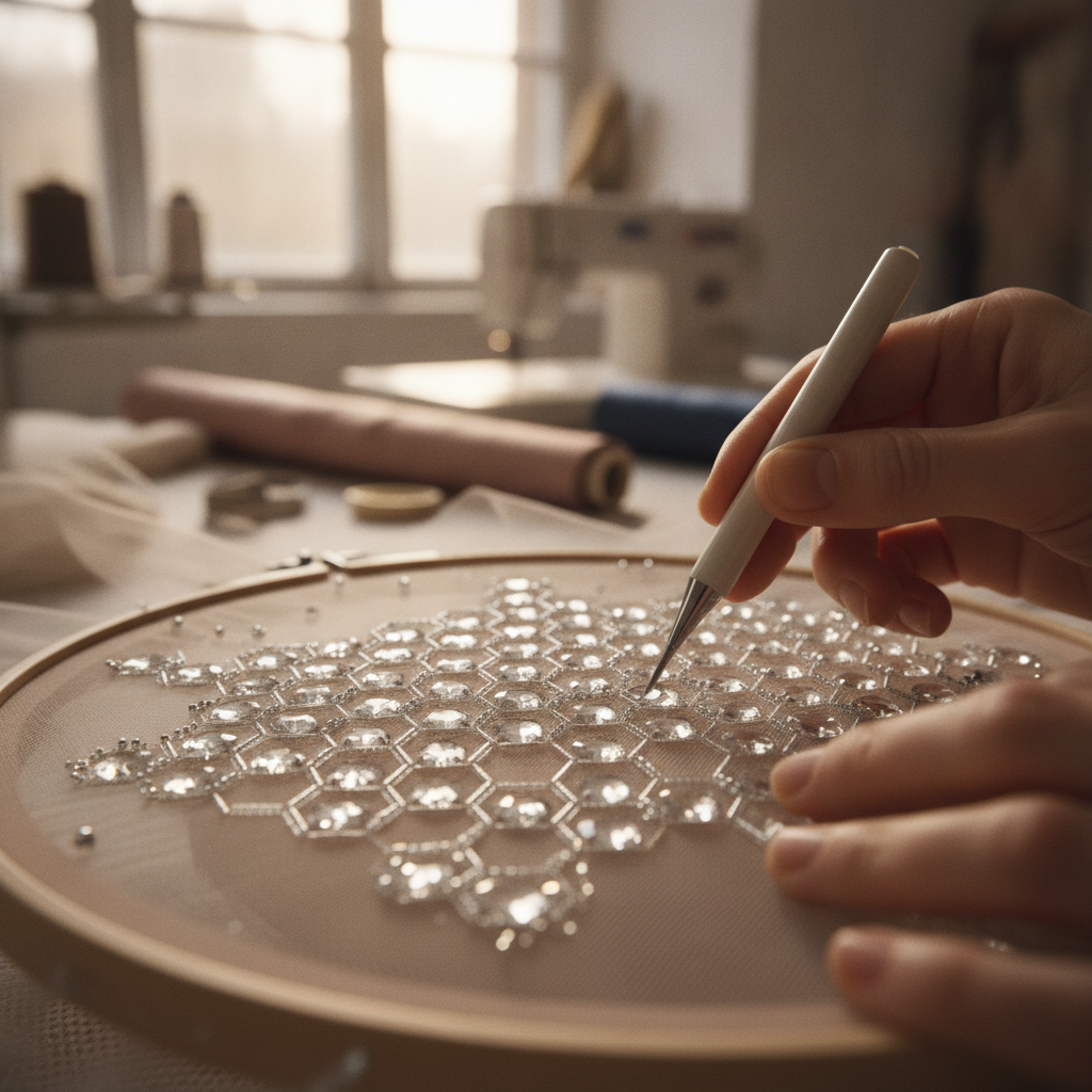 Macro photograph of a haute couture dressmaker applying Swarovski crystals in a hexagonal pave pattern onto sheer illusion tulle using a precision wax pick-up tool, soft atelier studio lighting, shallow depth of field
