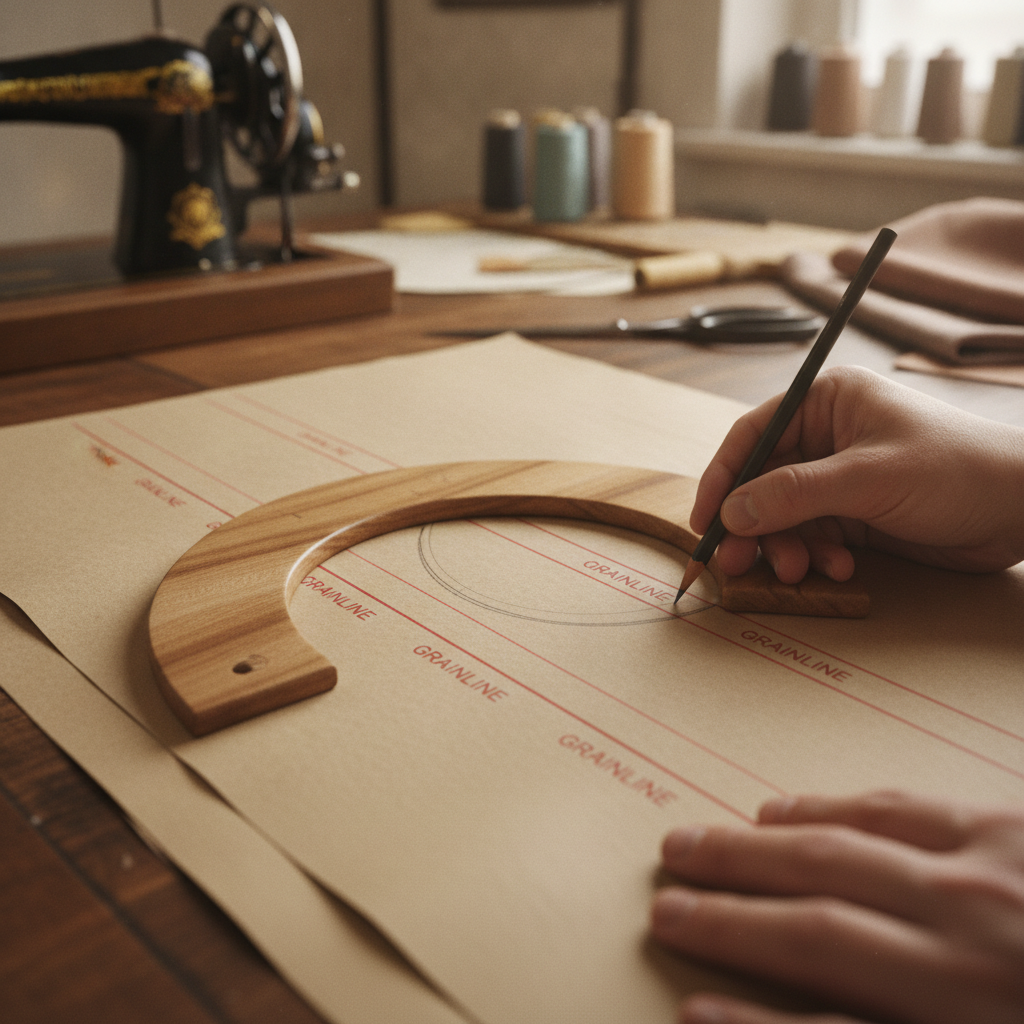 Macro close-up photography of a tailor using a wooden French curve ruler and tailor's pencil to draft curved dart lines on beige pattern paper, crisp straight grainline markings, professional couture sewing room setting.