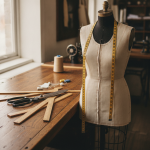 A master tailor's wooden workbench with an ivory toile muslin garment pinned on an antique dressmaker form, measuring tape draped across the shoulders, fabric shears, pattern drafting rulers, and tailoring chalk visible in warm natural atelier lighting.