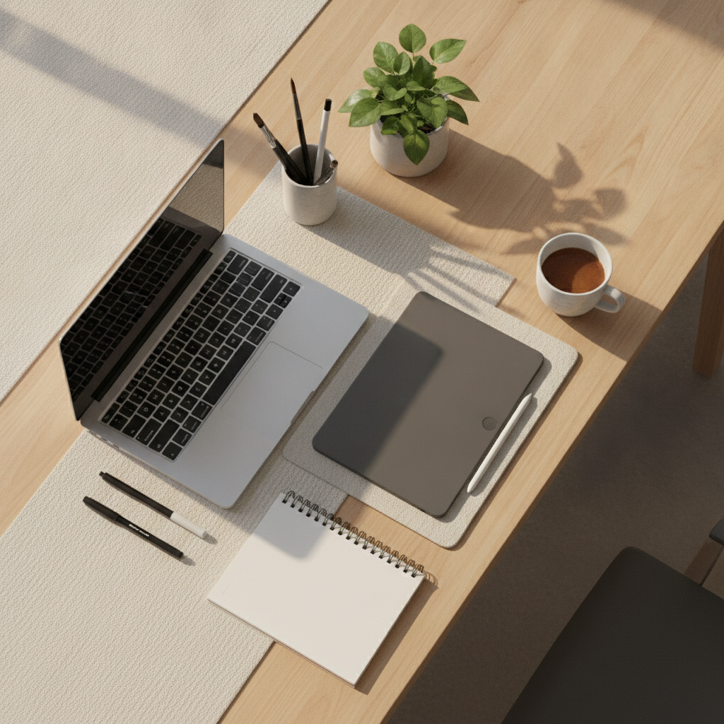 A minimalist creative workspace viewed from an elevated angle, featuring an ultra-thin laptop, modern tablet with stylus, organized wooden surface, soft indoor plant shadows, focused productivity atmosphere, completely clean and unbranded.