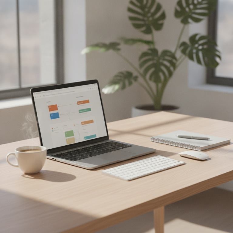 A photorealistic, bright modern office desk with a sleek laptop open displaying digital document management software, wireless keyboard, clean notebook, ceramic coffee cup, soft morning natural sunlight, zero logos or text on screens.