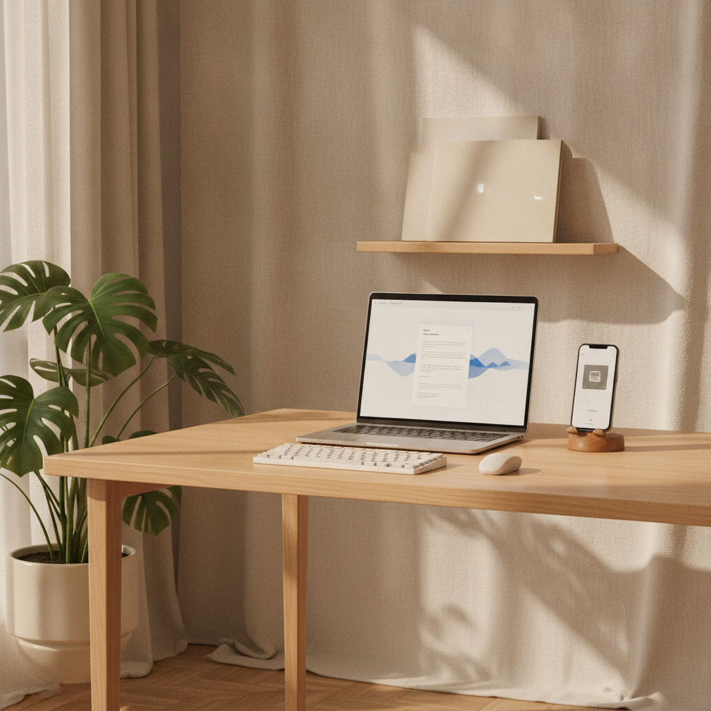 A clean, contemporary workspace featuring an open ultra-thin laptop, a smartphone on a wooden stand, wireless mechanical keyboard, indoor plant, ambient soft lighting, representing modern digital document management