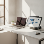 A photorealistic, bright modern creative desk setup with a slim laptop, high-end design tablet displaying crisp document layouts, natural sunlight streaming through a window, minimalist aesthetic with zero logos or text