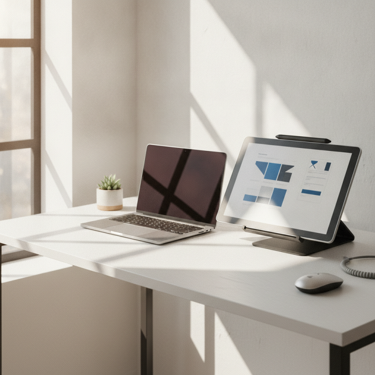 A photorealistic, bright modern creative desk setup with a slim laptop, high-end design tablet displaying crisp document layouts, natural sunlight streaming through a window, minimalist aesthetic with zero logos or text