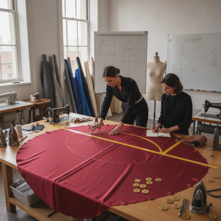 Editorial atelier studio photography for sewing masterclass: 'Mastering Circle Skirt Geometry: Radius Math, Grainline Dynamics, and Fabric Layouts'. Master the haute couture drafting principles of circle skirts. Learn radius formulas, bias grainline behavior, bolt width logistics, and flawless hem leveling. Professional garment construction, premium fabric textures, tailor measuring tools, aesthetic lighting, 8k resolution, photorealistic, no text, no watermarks.