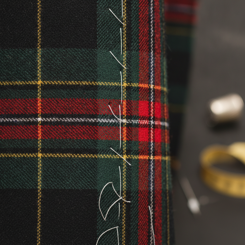 Detailed macro photograph of a tailored bespoke suit jacket side seam, showcasing flawlessly aligned horizontal tartan stripes meeting across the seamline with hand-stitched basting threads.