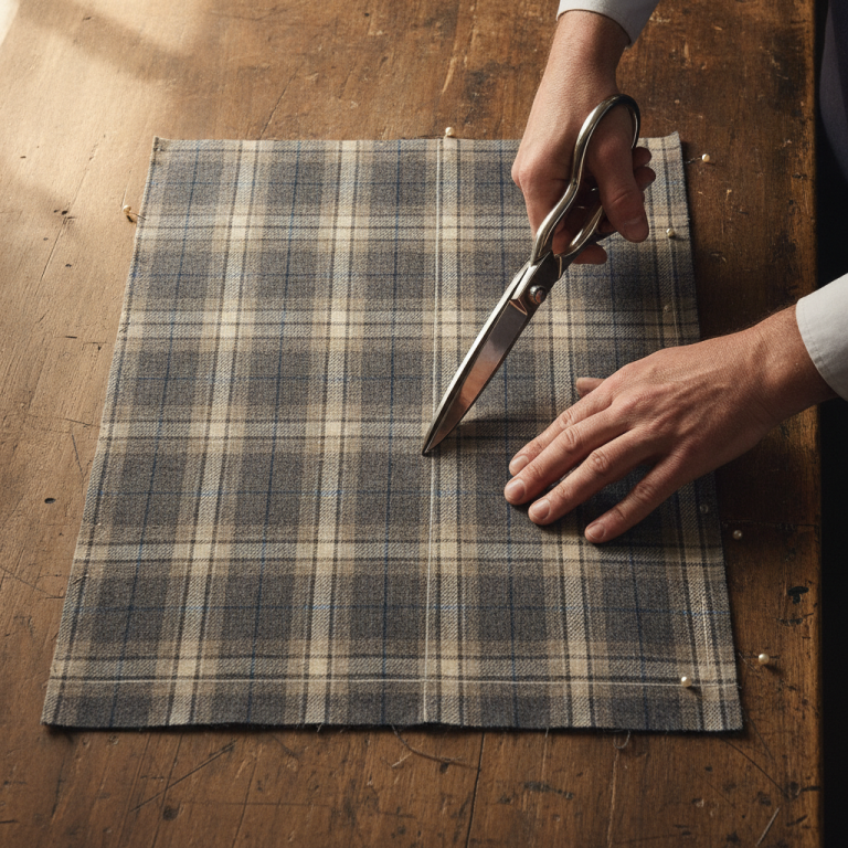 A close-up overhead atelier shot of a master tailor using tailor shears to precisely cut a glen plaid wool fabric laid single-ply on a wooden cutting table, visible chalk marks and pins aligning the checks.