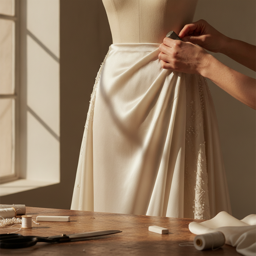Close up of tailor hands pinning a silk evening gown along the true bias on a mannequin, fabric grainline visible, scissors and chalk on a wooden worktable in soft natural side light, hyper-detailed craftsmanship shot.