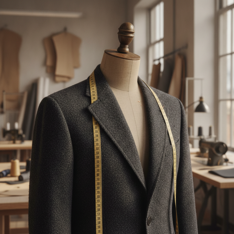 A bespoke wool jacket on a wooden dressmaker dummy in a sunlit atelier, measuring tape draping around the shoulders, sharp focus on hand-stitched lapels and wool texture, neutral workshop background, cinematic editorial lighting.
