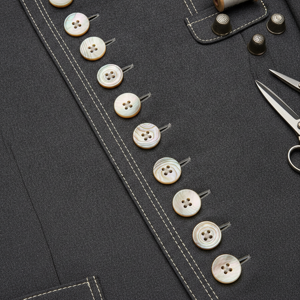 Macro atelier photograph showing precision mother-of-pearl buttons perfectly aligned on a tailored wool jacket placket with immaculate topstitching