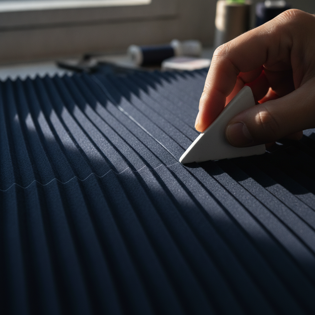 Macro photograph of a master tailor marking crisp pleated fabric with a triangle of white pipe clay chalk, showing precise millimeter increments, textured navy wool cloth, natural morning light, depth of field.
