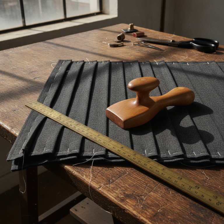 Close-up high-angle editorial photography of a bespoke tailor's cutting table, featuring folded charcoal worsted wool knife pleats secured with white silk basting thread, a polished wooden tailor's clapper resting alongside a vintage brass ruler, dramatic natural studio lighting.