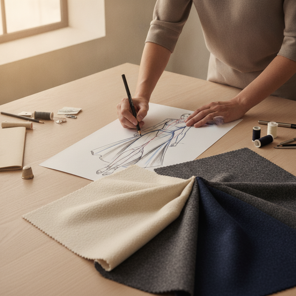 Close up shot of a fashion designer using markers and pencils over a croquis template, displaying seam lines, darts, and drapery folds, with fabric swatches of wool crepe nearby
