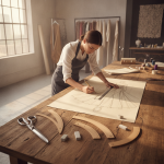 A haute couture dressmaker drafting a technical fashion sketch on paper next to shears, pattern curves, and tailor chalk on an oak cutting table, dramatic natural atelier window light