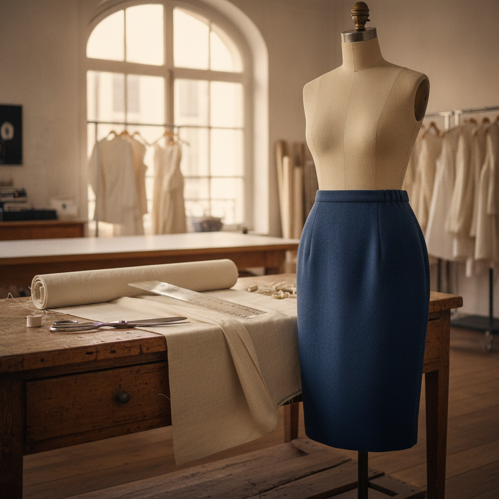 Editorial atelier still life showing shears, clear acrylic pattern grading ruler, fine linen fabric with gathered waistband seam, and draped tailored skirt on a vintage dressmaker mannequin in a Parisian haute couture workshop.