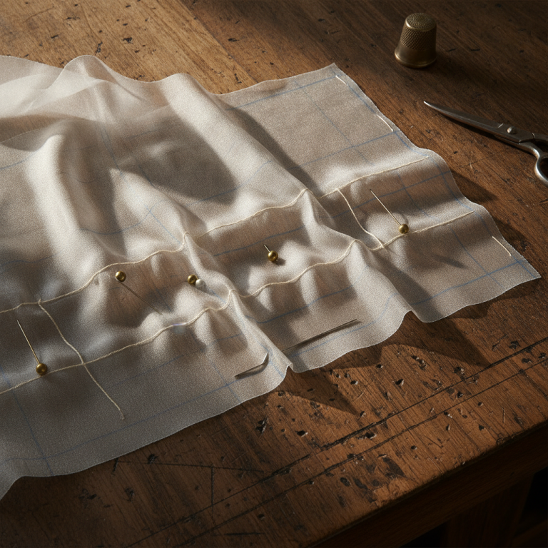Close-up overhead atelier photograph of silk chiffon being gathered along three parallel basting threads, tailors chalk markings visible, sharp focus on fabric flutes and brass pins on a weathered oak drafting table, natural soft morning light.