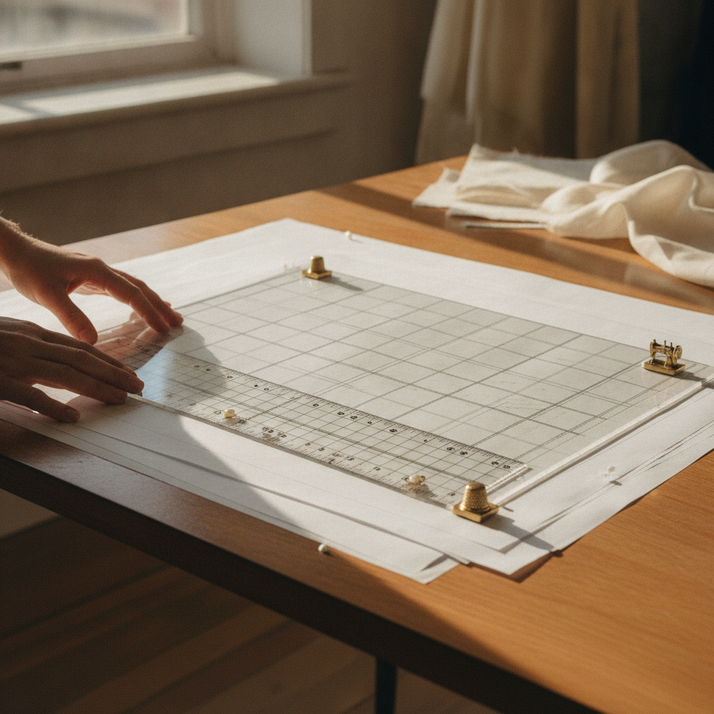 An artisan dressmaker assembling a multi-page tiled pattern grid on a hardwood studio table, using translucent drafting paper, transparent gridded ruler, brass pattern weights, and tailor's pins, warm studio light.