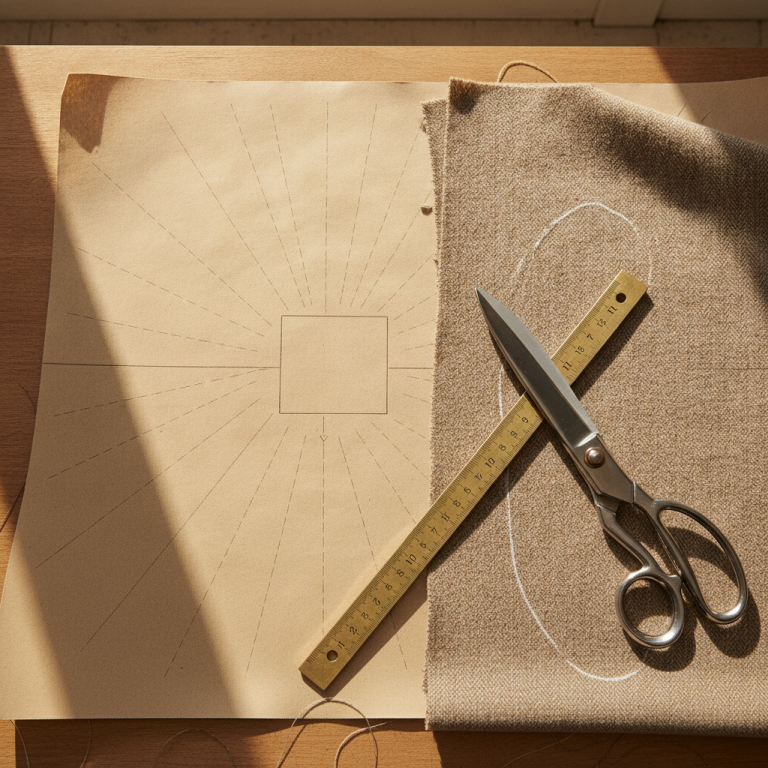A close-up overhead flat lay of a tailor's cutting table with a crisp printed paper sewing pattern, an engraved brass tailor's ruler measuring a printed calibration square, chalk marks on pure wool fabric, and steel shears.