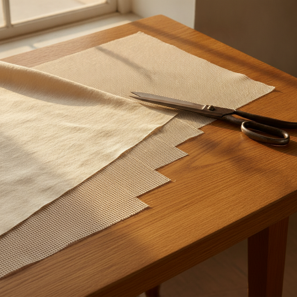 Close-up flat lay of couture garment construction layers, showing raw silk fashion fabric, delicate woven tricot interfacing, and stepped graded seam allowances with tailor shears on an oak cutting table