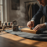 High-end atelier workspace showing a tailor pressing hair canvas interfacing onto a bespoke wool suit jacket lapel using a wooden tailor clapper and steam iron, macro editorial photography, natural window lighting