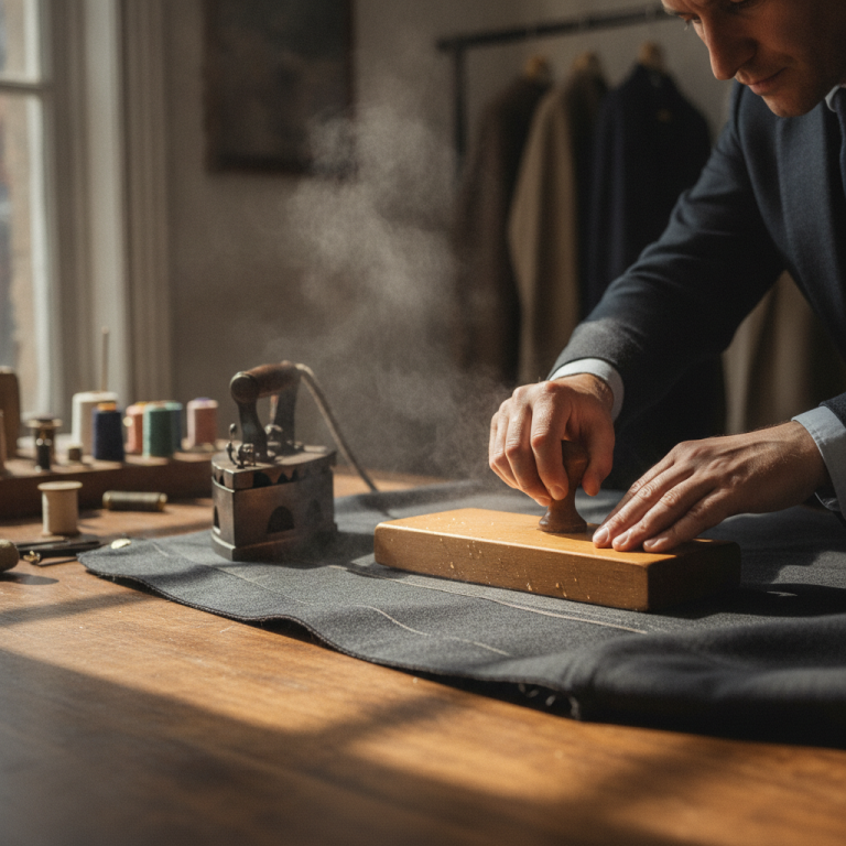 High-end atelier workspace showing a tailor pressing hair canvas interfacing onto a bespoke wool suit jacket lapel using a wooden tailor clapper and steam iron, macro editorial photography, natural window lighting