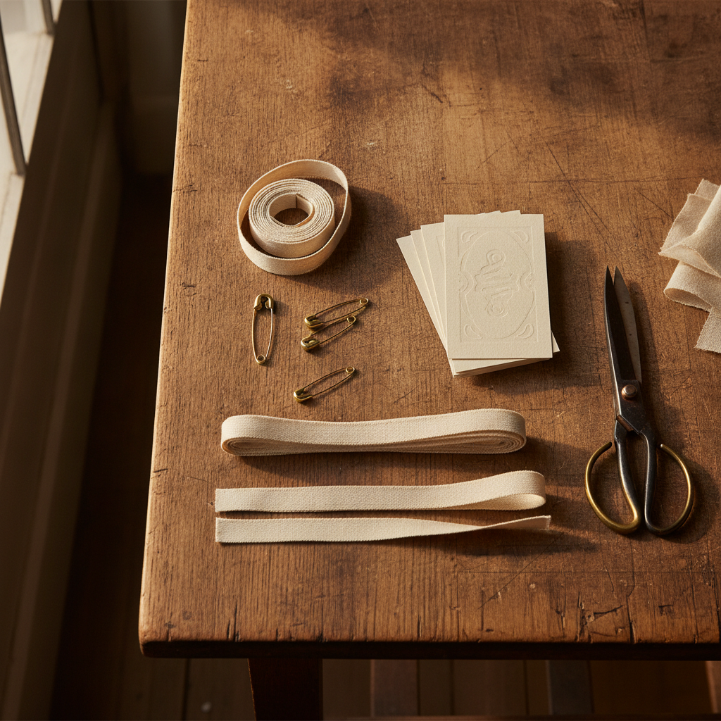 Flat lay of artisanal garment branding supplies on an antique wooden cutting table, including cotton twill ribbons, brass safety pins, custom thick cardstock hang tags with debossed typography, and fabric shears