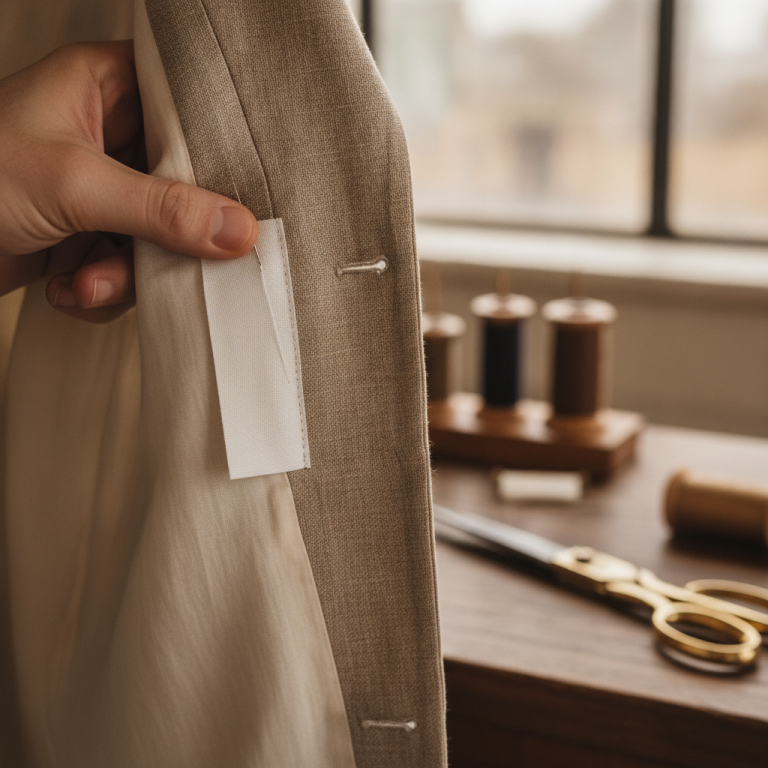 Close-up macro shot of a bespoke tailor stitching a clean white woven care label into the interior side seam of a raw silk jacket, natural atelier lighting, shallow depth of field, tailoring scissors and thread visible