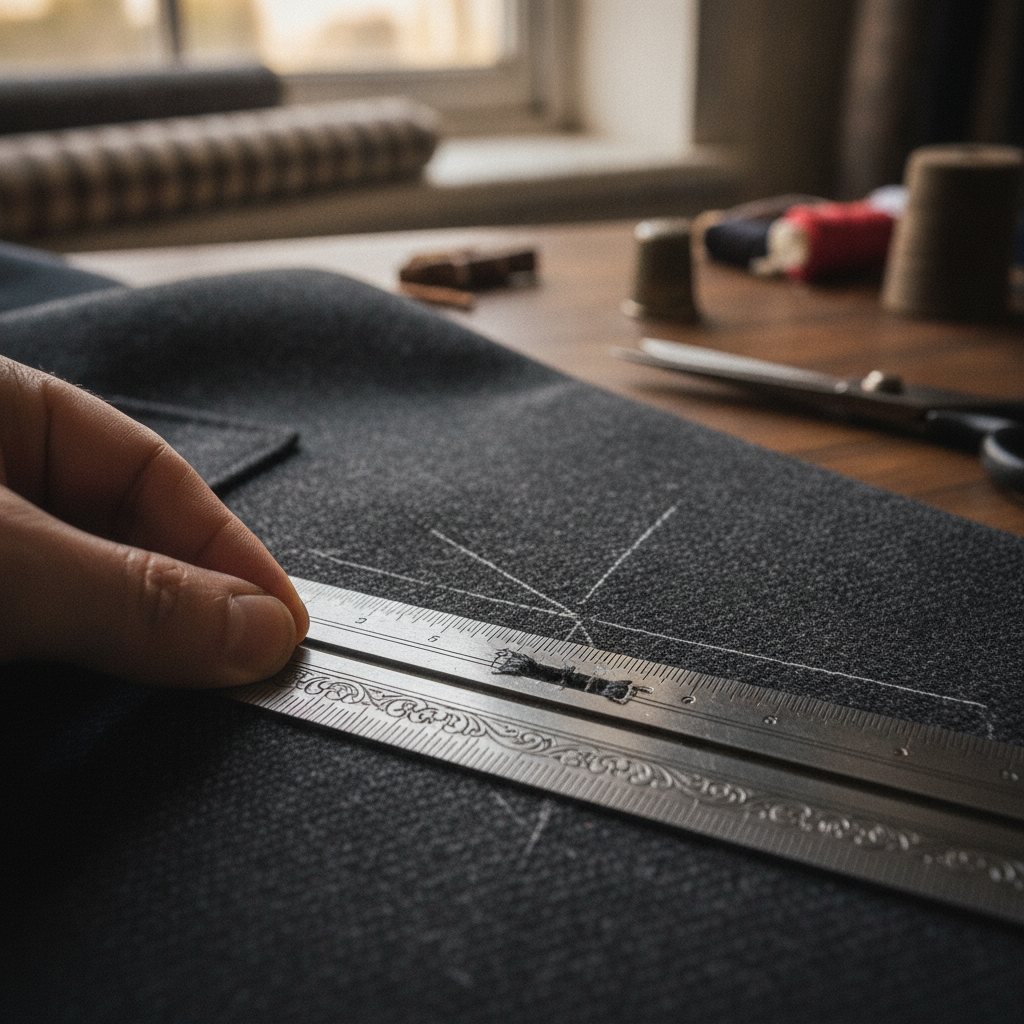 Macro photograph of a master tailor using an engraved steel ruler to measure buttonhole keyhole placement on a worsted wool jacket lapel, precise focus on stitching and chalk markings, couture atelier setting