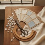 Close-up overhead atelier shot of a wooden cutting table with brass tailoring shears, a wooden French curve ruler, mother-of-pearl buttons in varying sizes, and swatch cards labeled with GSM and Tex notations, natural studio window lighting