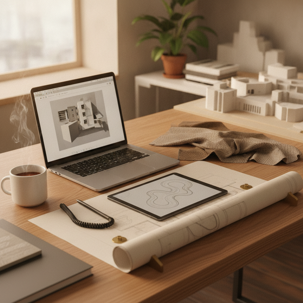 A clean architectural workspace with a tablet and laptop side by side, natural oak wood surface, warm ambient studio lighting, professional digital workflow atmosphere, ultra-sharp focus, no text