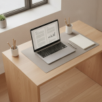 Photorealistic overhead shot of a modern minimalist executive desk with an open aluminum laptop displaying document pages, neat paper notebook, metallic pen, soft daylight from a window, no logos, no text