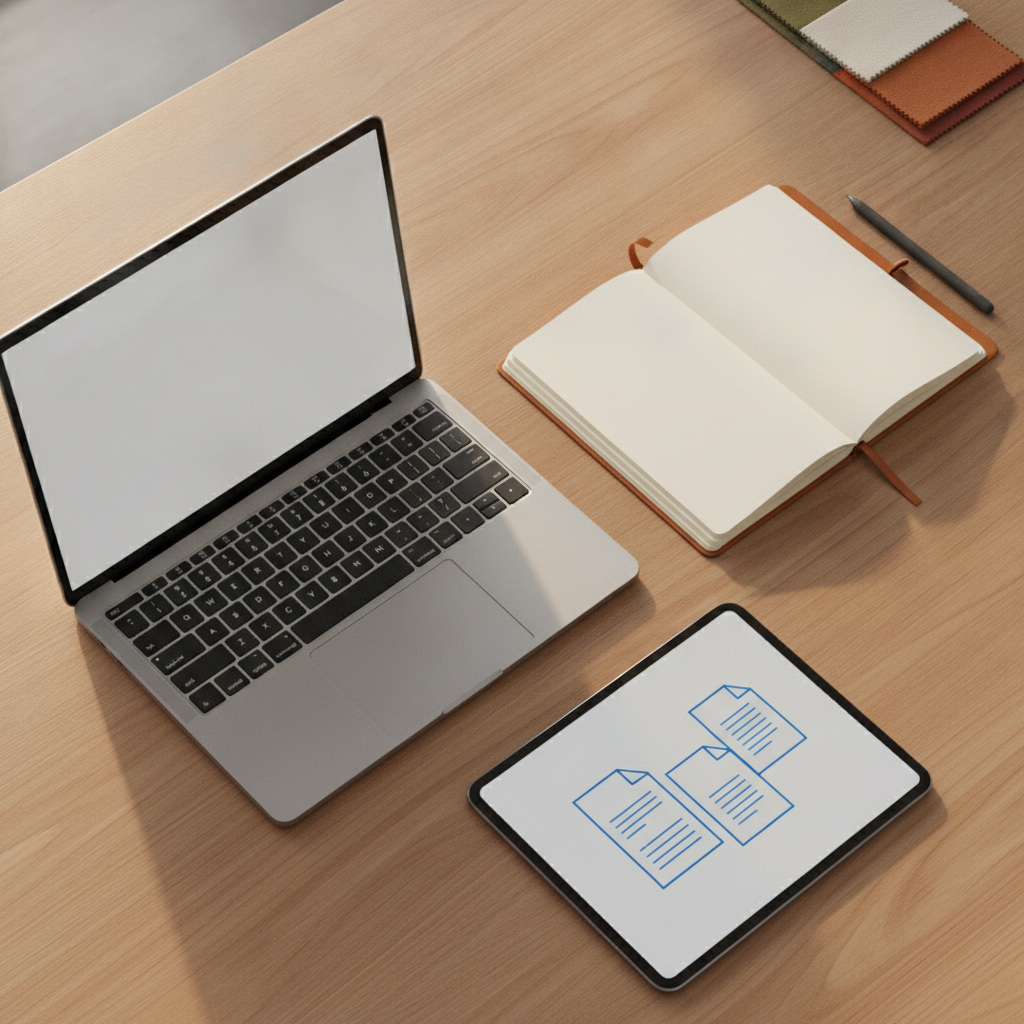 A high-angle professional creative workspace with an ultra-thin laptop, an open leather notebook, a stylus pen, and a tablet displaying clean vector document outlines, soft natural window light streaming across a light oak wooden desk, no text, no branding.